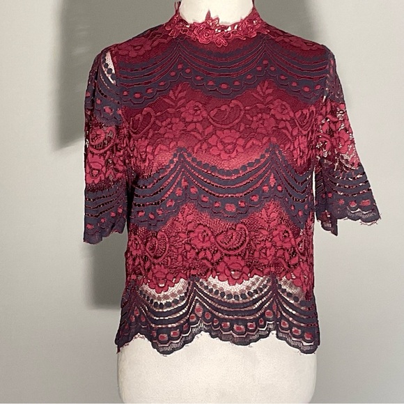 It Girl Burgundy/Navy, Scalloped Lace, Sheer, Lined, Demure, Victorian Blouse - Picture 16 of 16